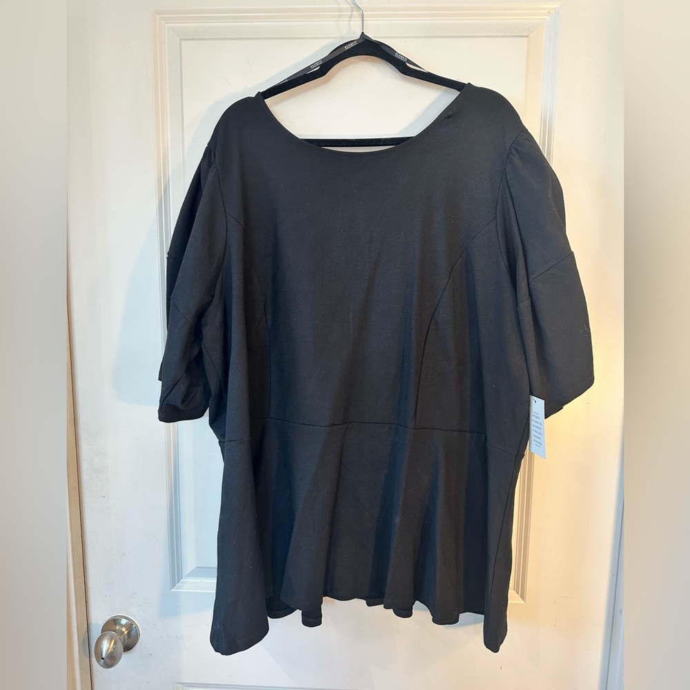 NEW ELOQUII Black Ponte Knit Puff Sleeve Peplum Top, Size 28